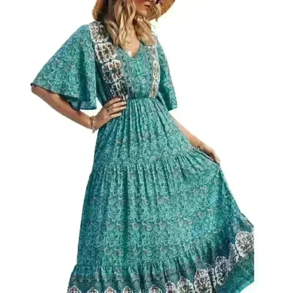 PrettyGarden Teal Floral Boho Maxi Dress Bell Fall Wedding Guest Homecoming